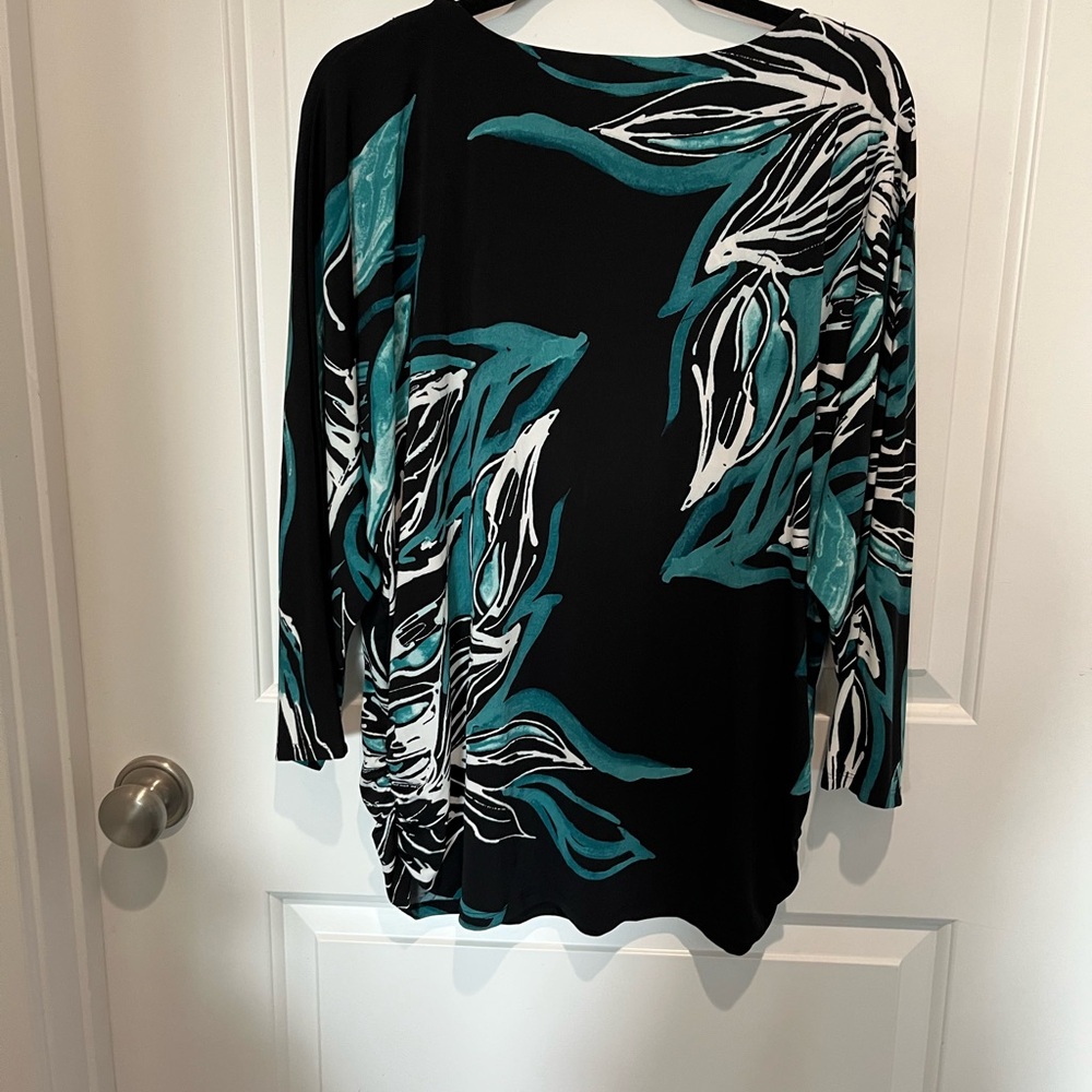 JM Collection Black and Teal Leaf Print Blouse